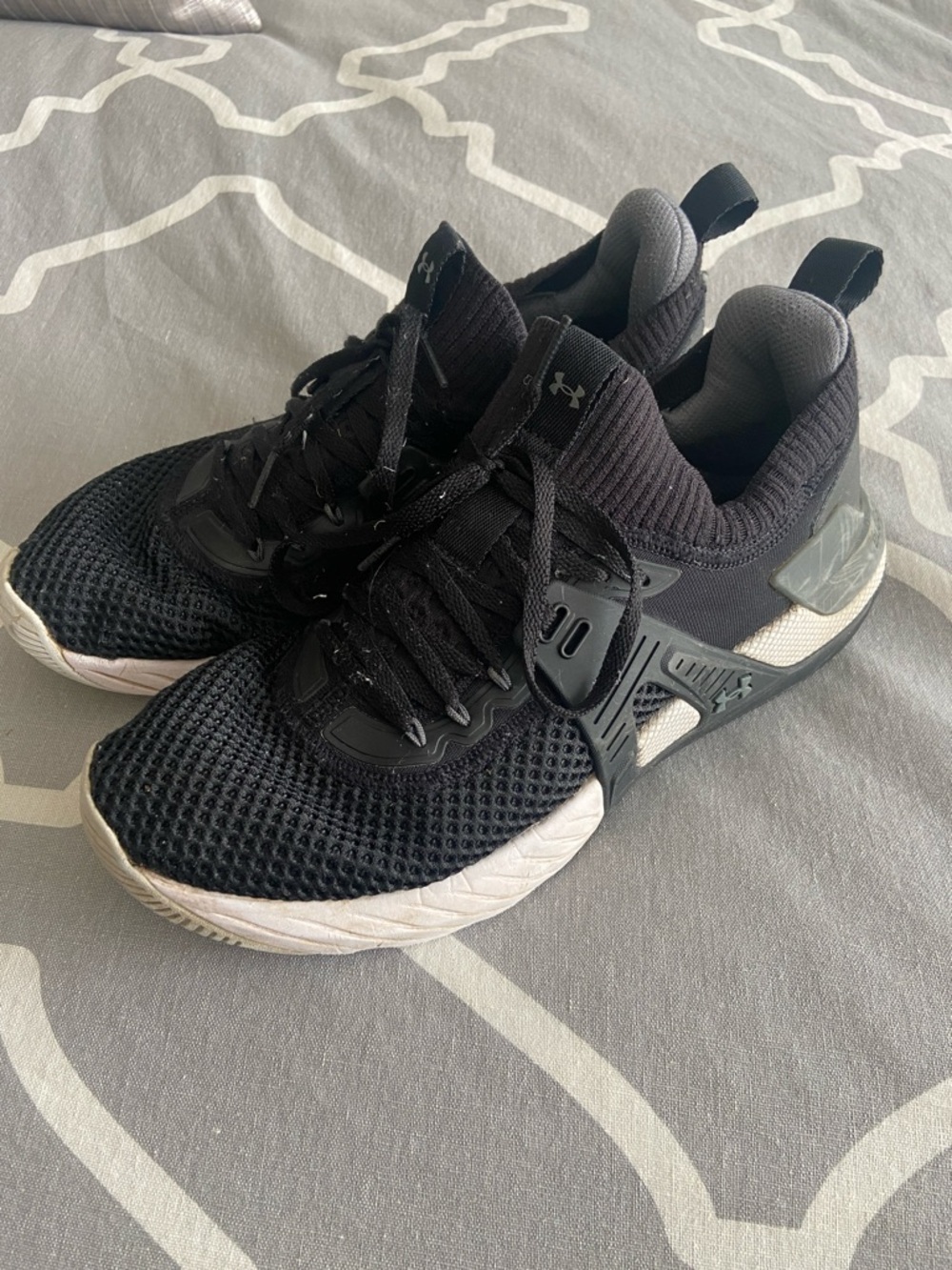 Mens Under Armour Project Rock Black and Cream Knit Shoes